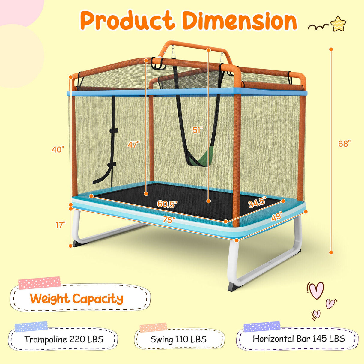 Trampolín rectangular de 6 pies con barra horizontal de columpio y red de seguridad