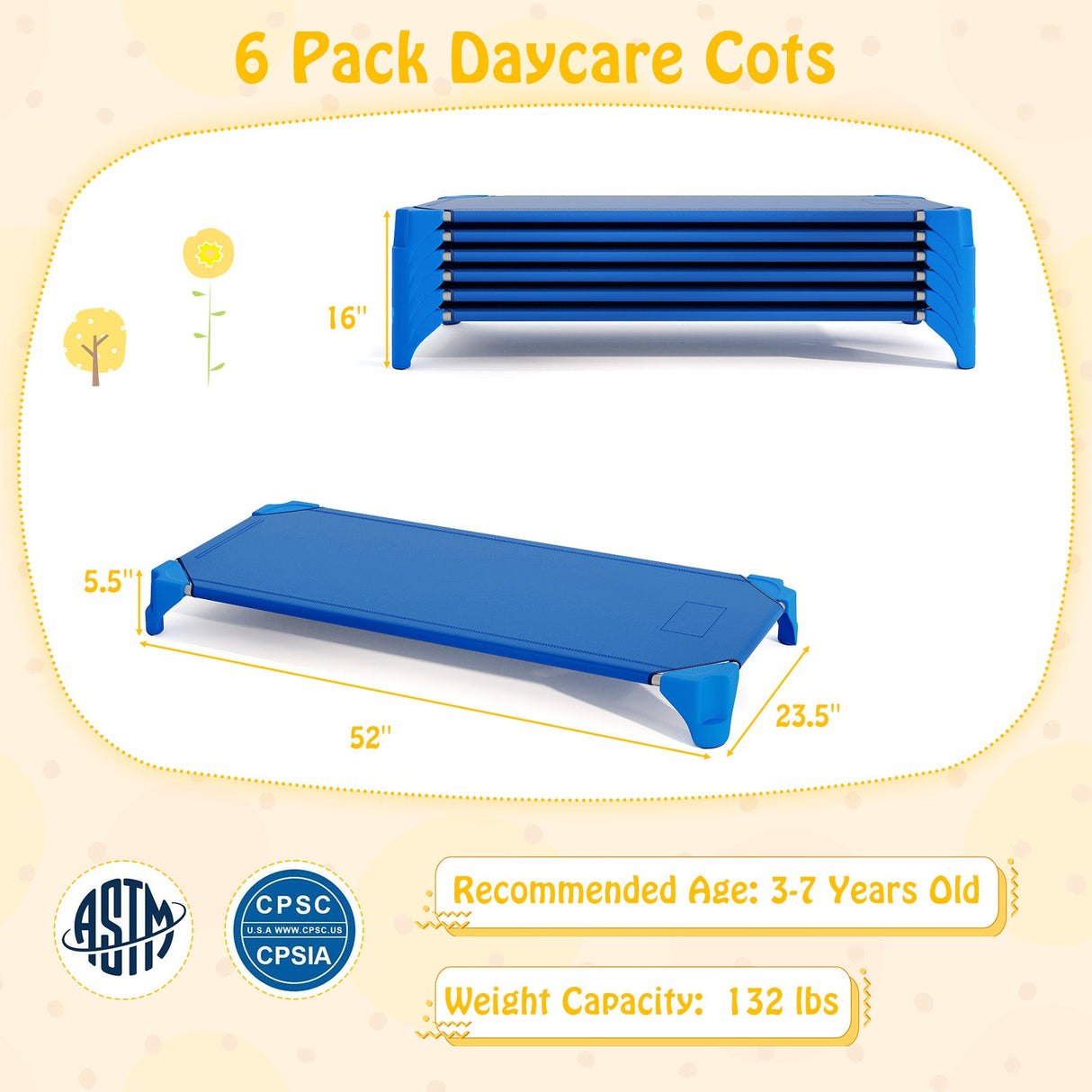 Cunas apilables portátiles de 6 unidades para guardería, cama para niños de 52 pulgadas