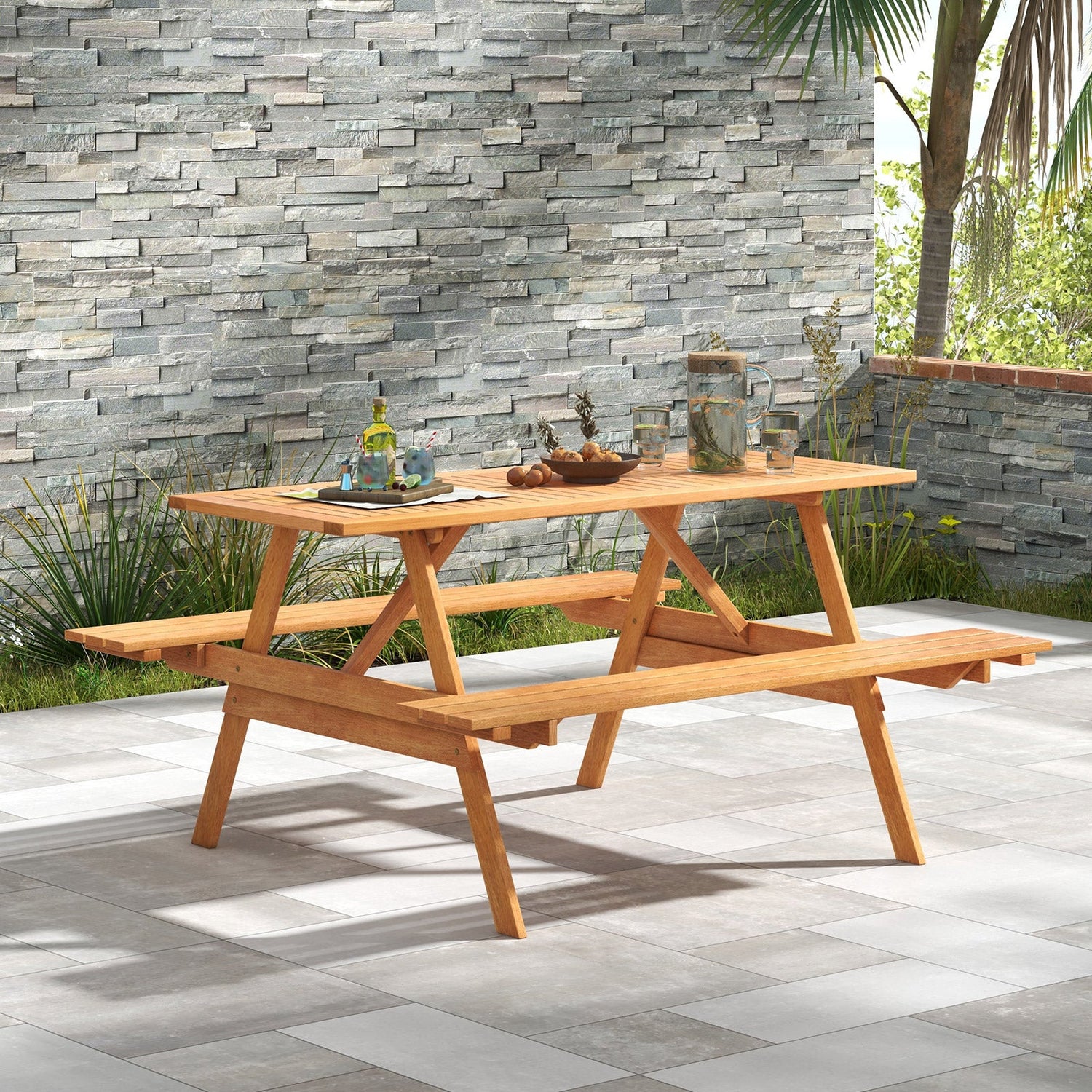 Juego de mesa de pícnic rectangular de 6 personas para patio con 2 bancos incorporados y orificio para sombrilla