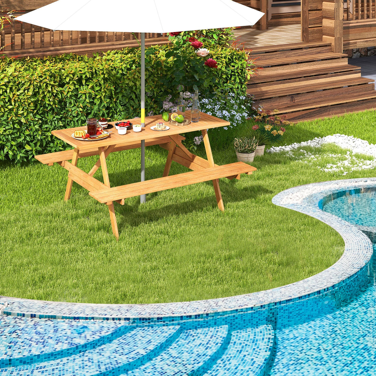 Juego de mesa de pícnic rectangular de 6 personas para patio con 2 bancos incorporados y orificio para sombrilla
