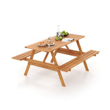 Juego de mesa de pícnic rectangular de 6 personas para patio con 2 bancos incorporados y orificio para sombrilla