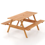 Juego de mesa de pícnic rectangular de 6 personas para patio con 2 bancos incorporados y orificio para sombrilla