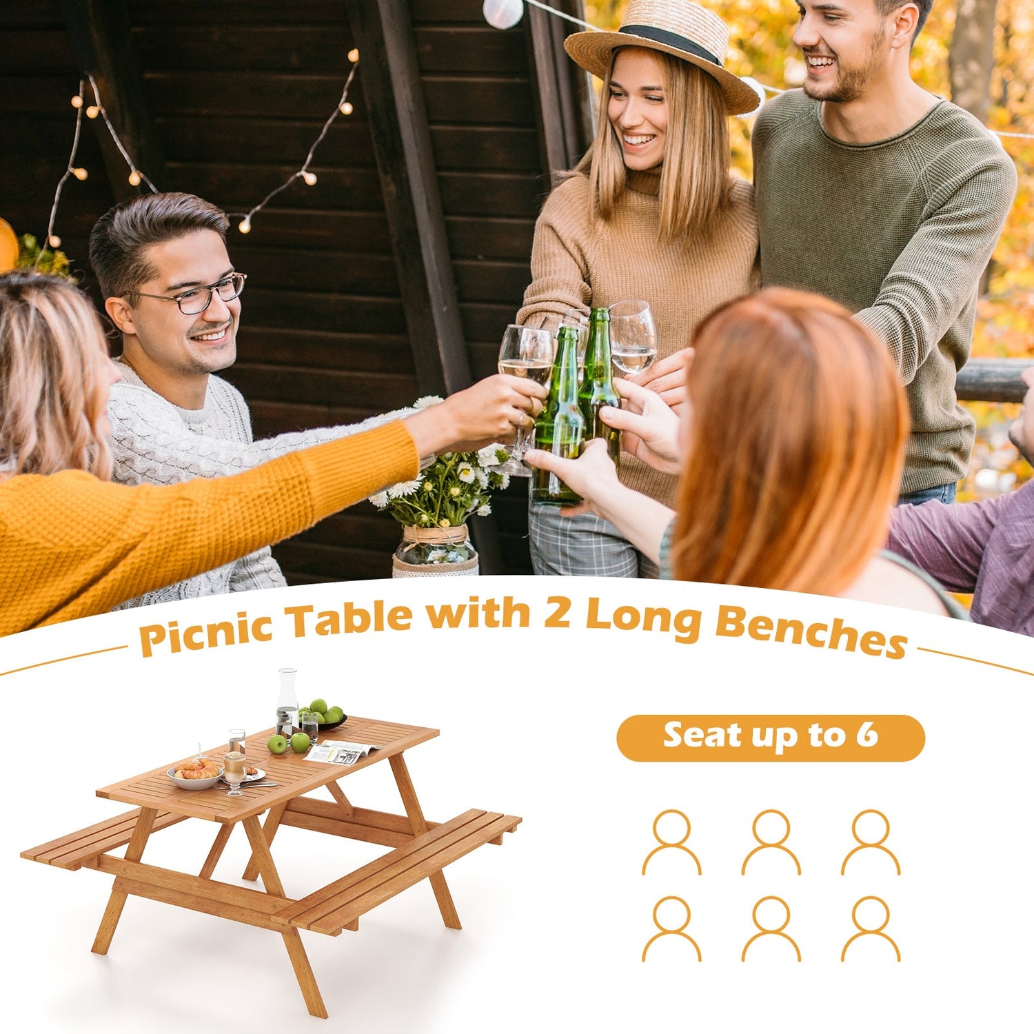 Juego de mesa de pícnic rectangular de 6 personas para patio con 2 bancos incorporados y orificio para sombrilla