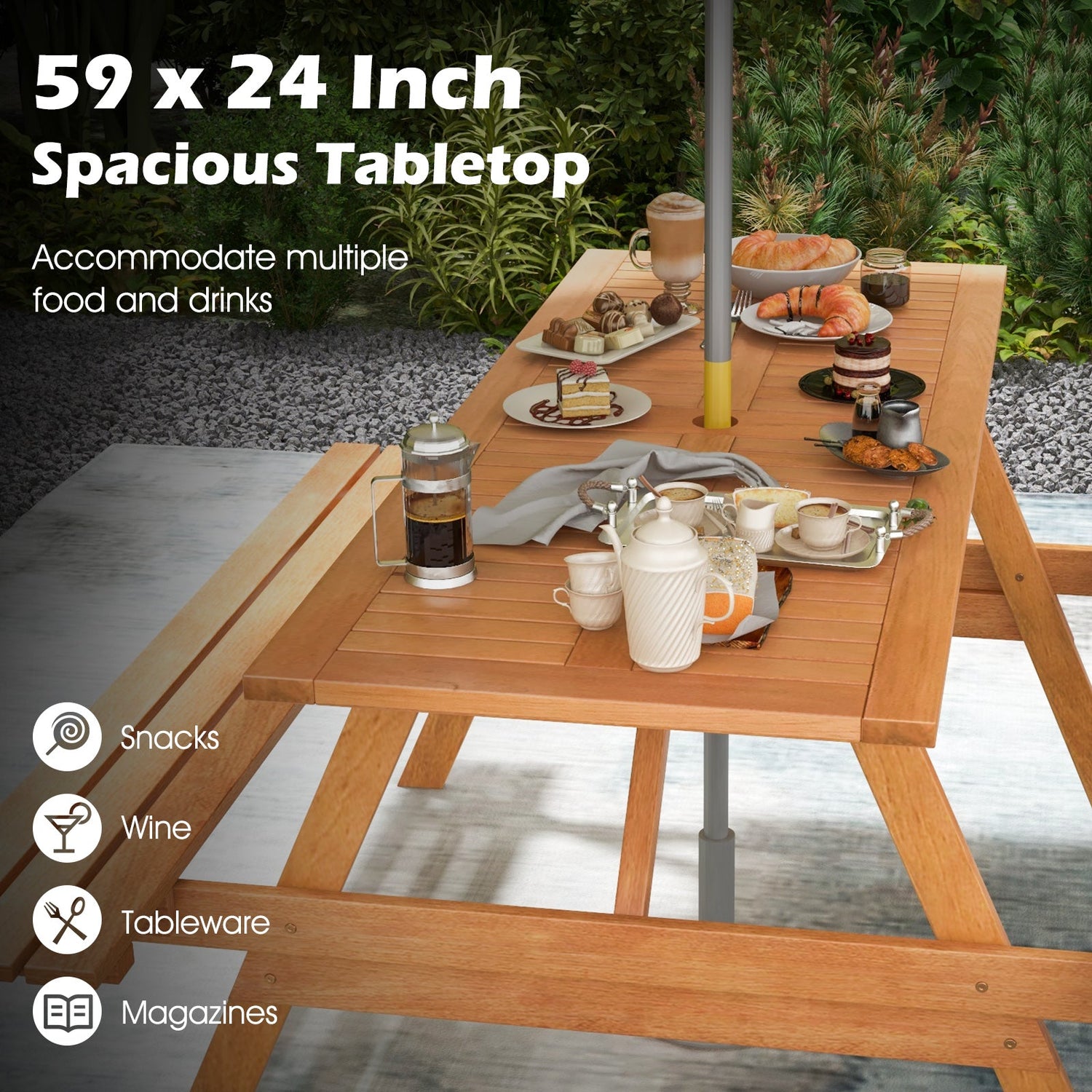 Juego de mesa de pícnic rectangular de 6 personas para patio con 2 bancos incorporados y orificio para sombrilla