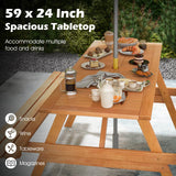 Juego de mesa de pícnic rectangular de 6 personas para patio con 2 bancos incorporados y orificio para sombrilla
