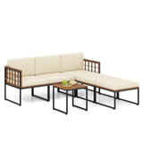 Juego de muebles de patio de madera de acacia de 6 piezas con mesa de centro y otomanas - Beige