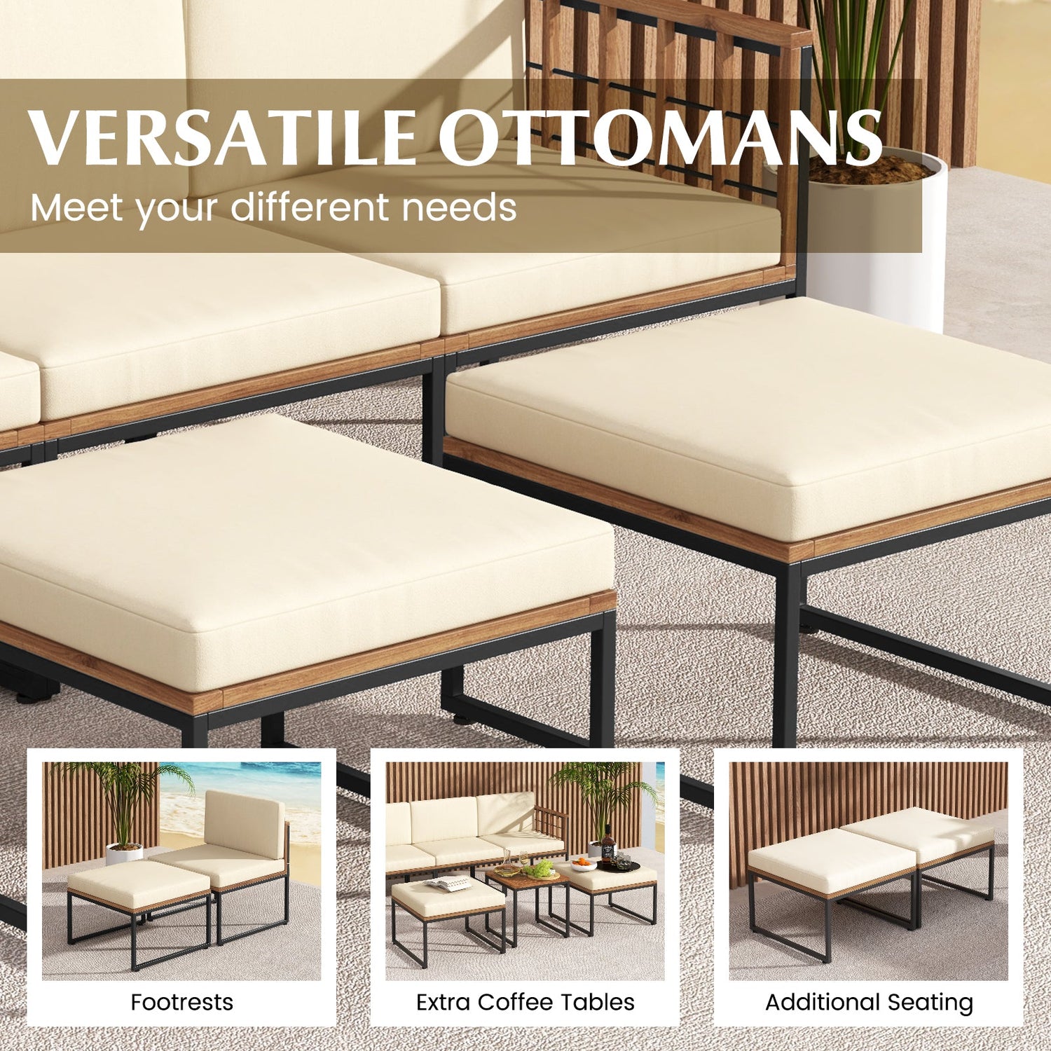 Juego de muebles de patio de madera de acacia de 6 piezas con mesa de centro y otomanas - Beige