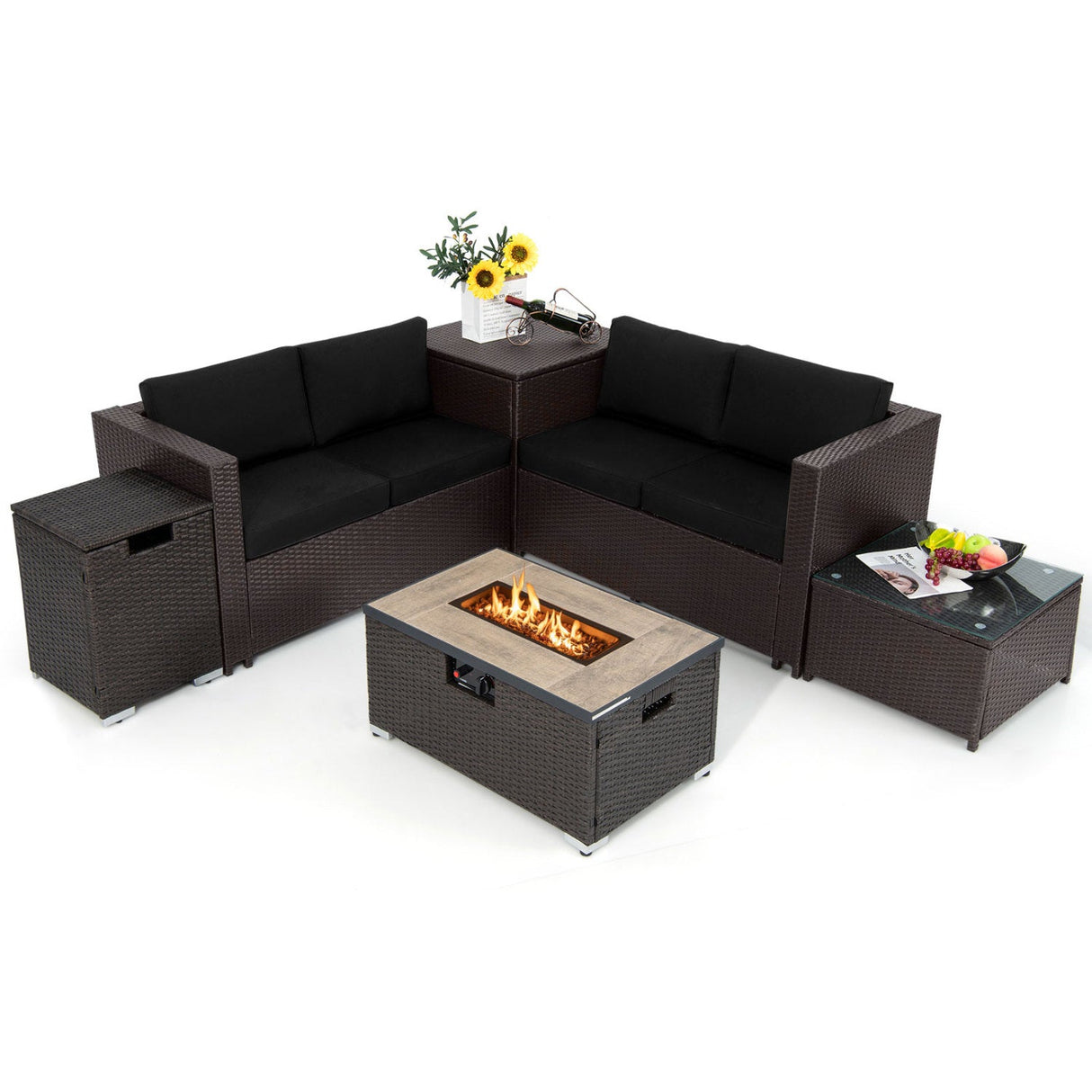 Juego de Muebles de Mimbre para Exteriores de 6 Piezas con Mesa Fogata de Propano de 32 Pulgadas