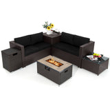 Juego de Muebles de Mimbre para Exteriores de 6 Piezas con Mesa Fogata de Propano de 32 Pulgadas