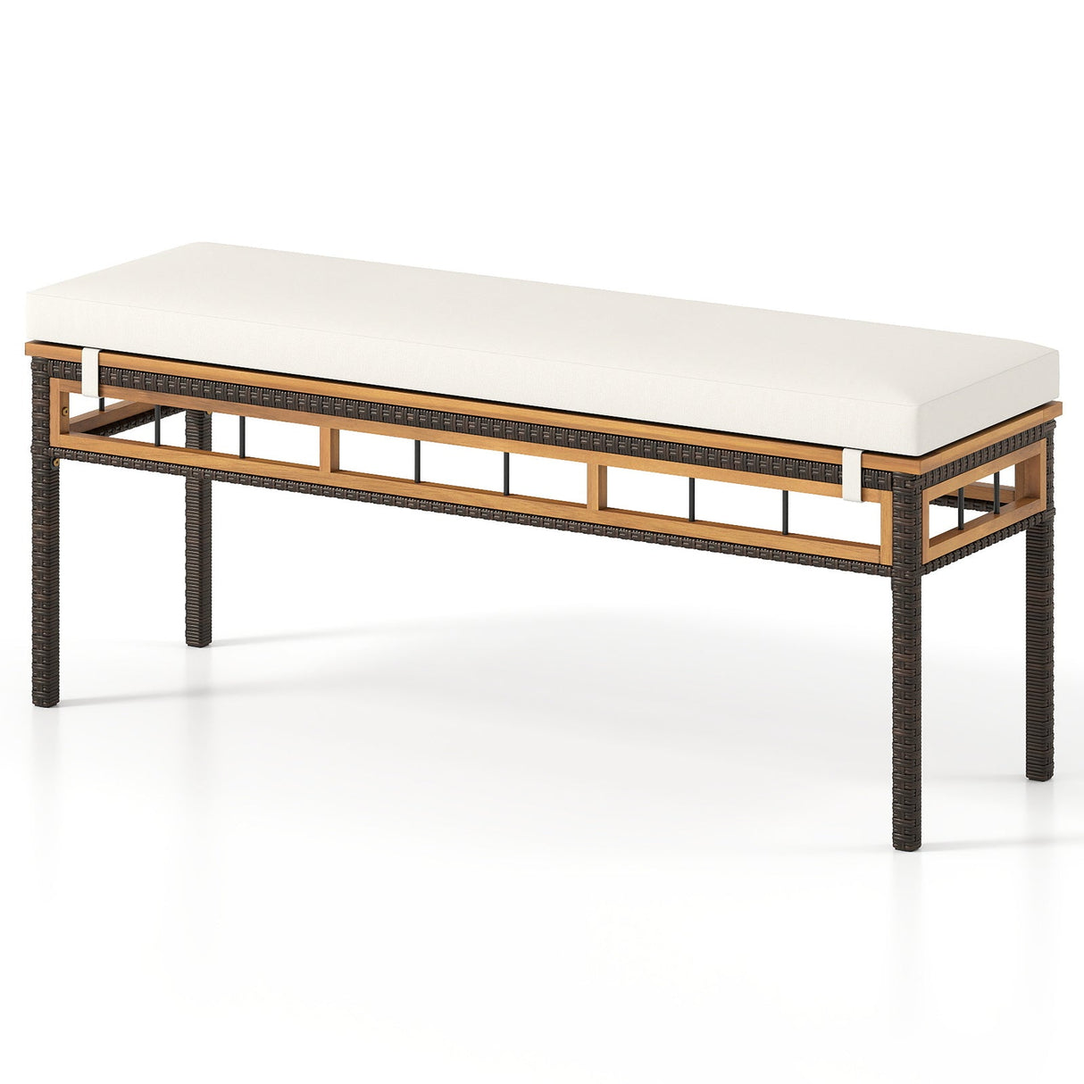 Wicker Patio Bench for 2 People 48invh Long Backless Dining Bench with Acacia Wood Seat-White