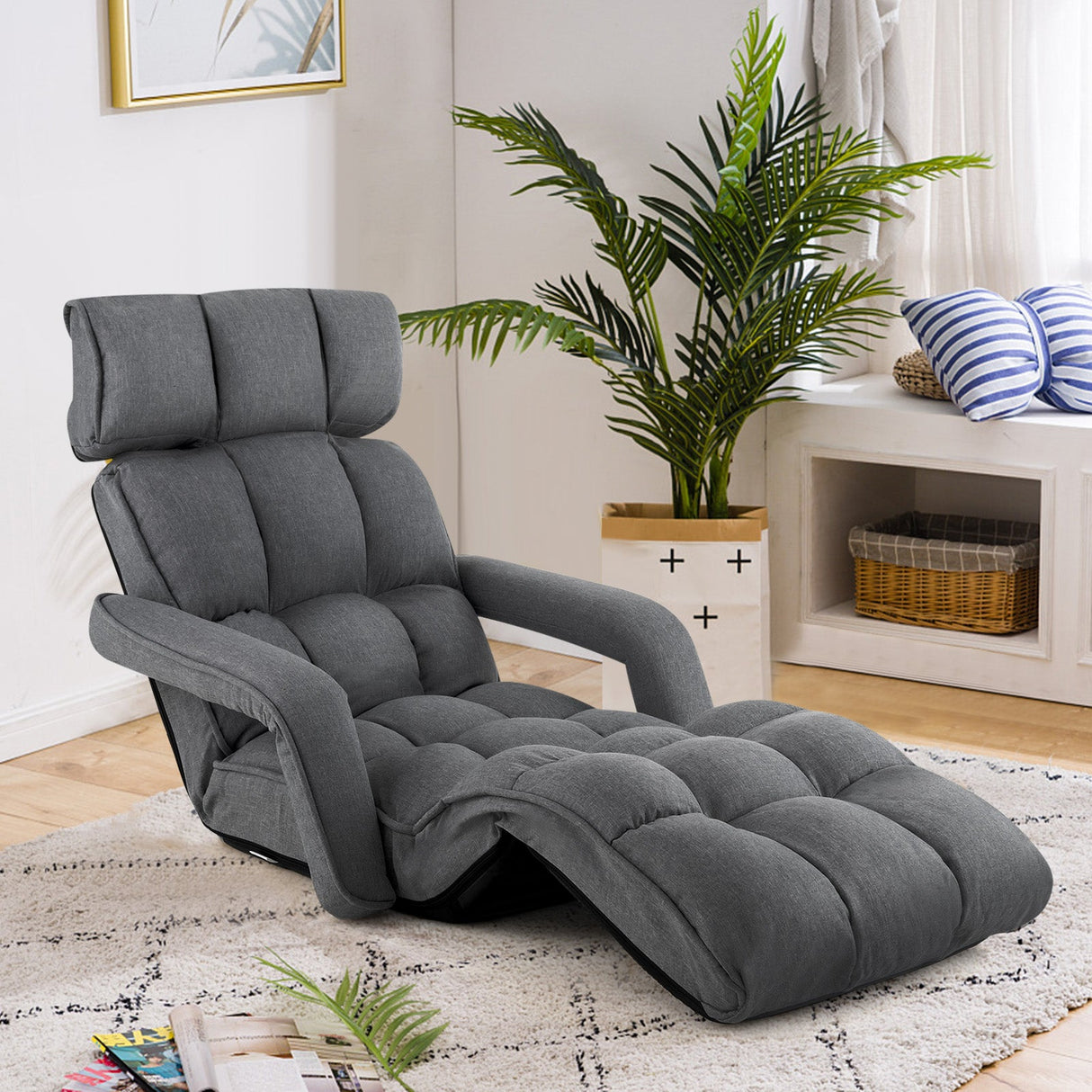 Sillón de suelo ajustable de 6 posiciones con reposabrazos y reposapiés ajustables