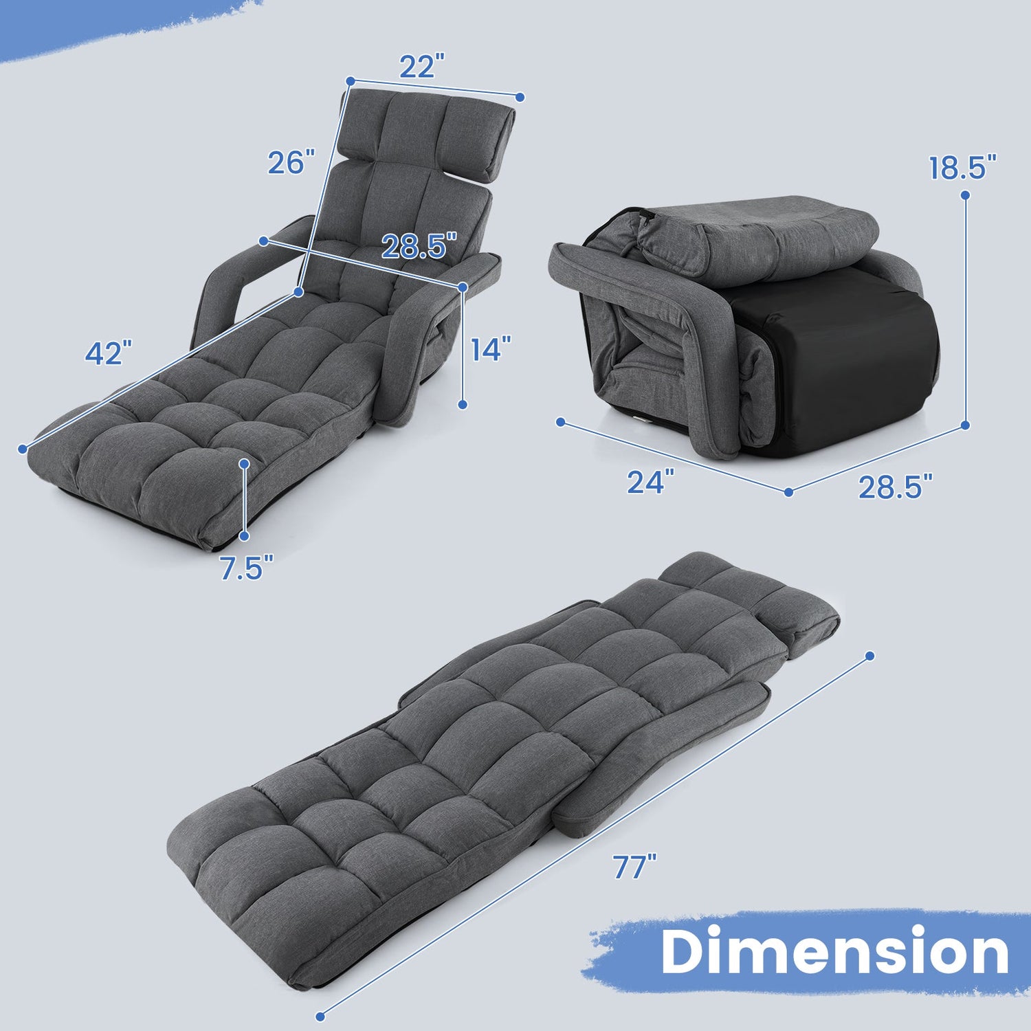 Sillón de suelo ajustable de 6 posiciones con reposabrazos y reposapiés ajustables