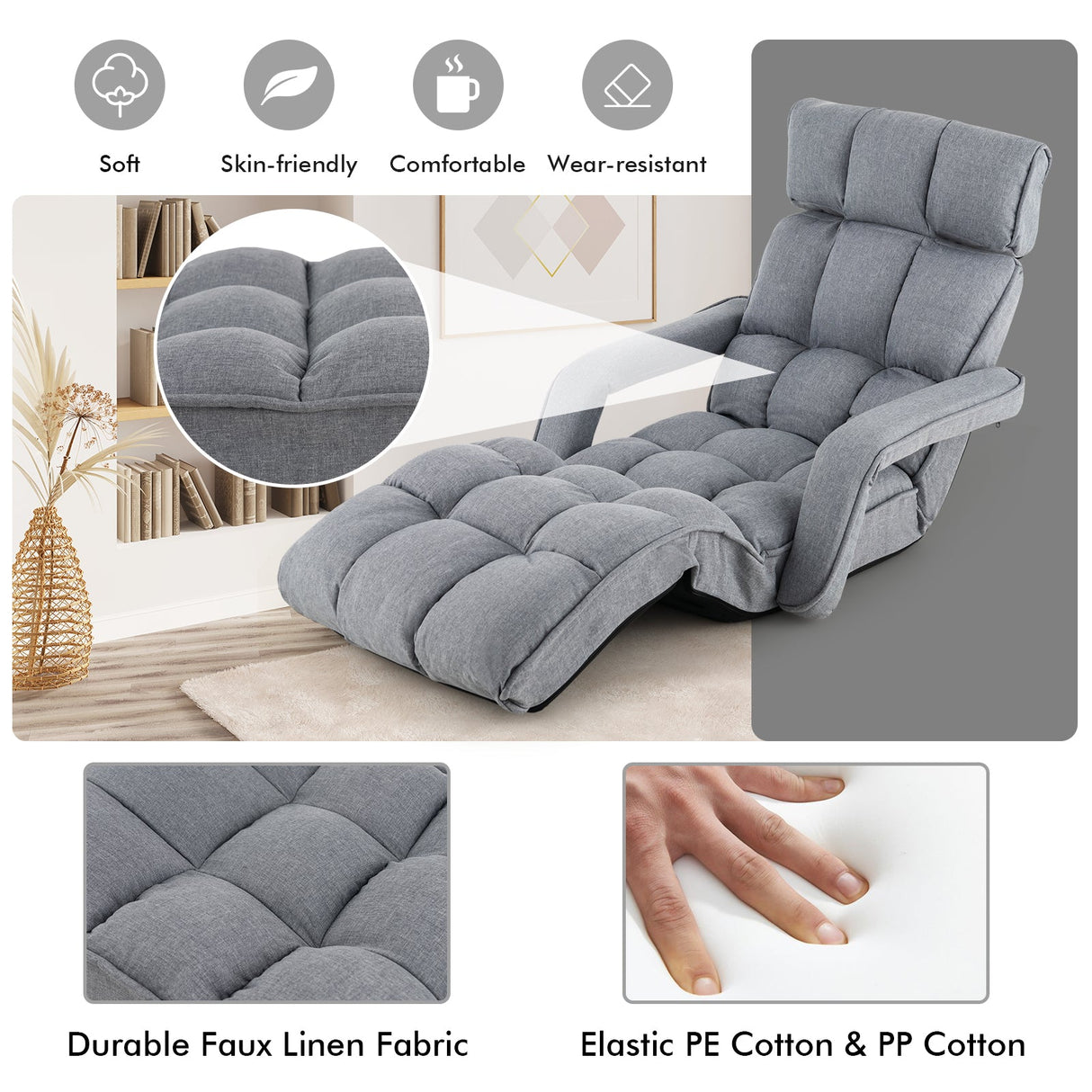 Sillón de suelo ajustable de 6 posiciones con reposabrazos y reposapiés ajustables