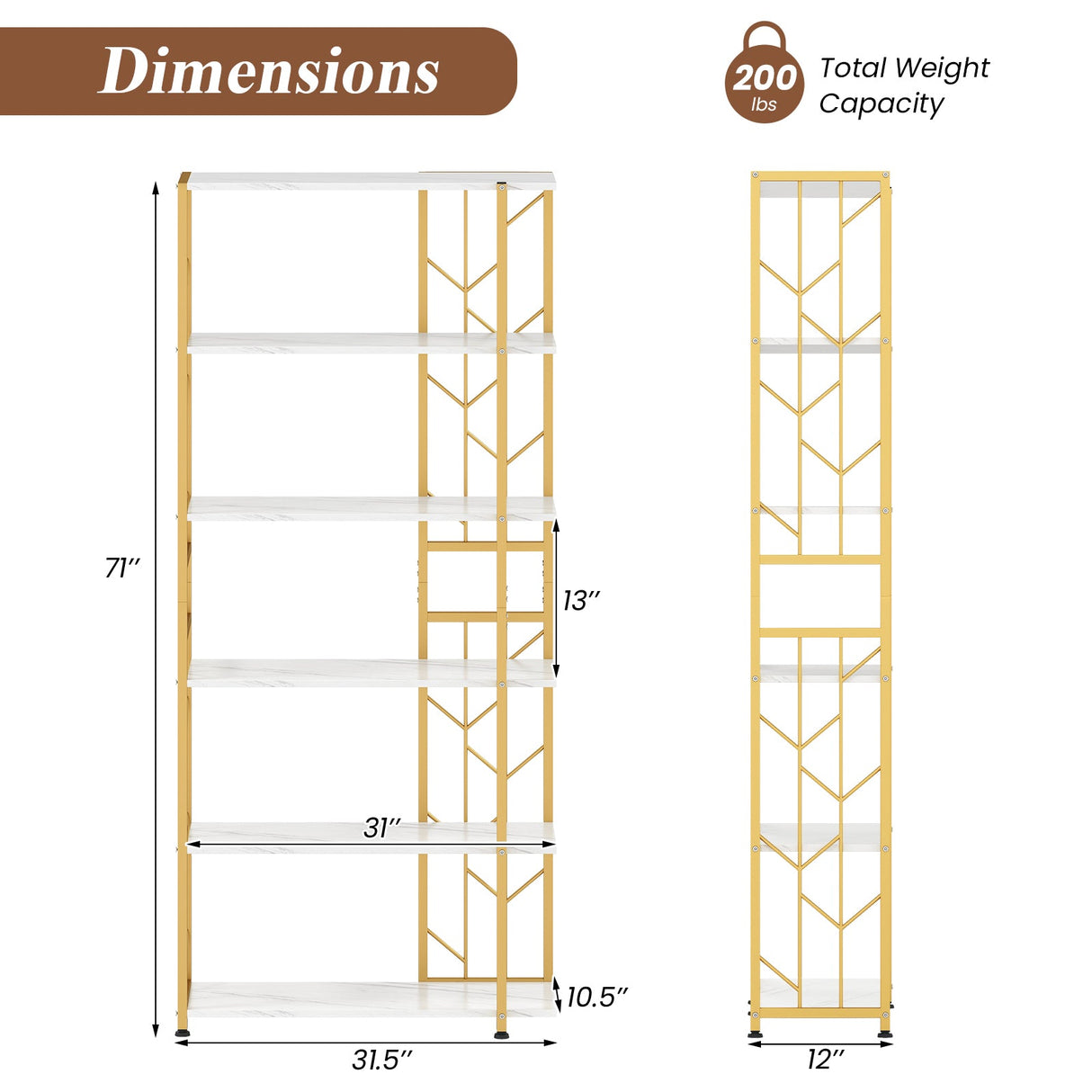 Estantería de 6 Niveles, Moderna Librería Geométrica con Estructura Metálica Reforzada y Kits Antivuelco