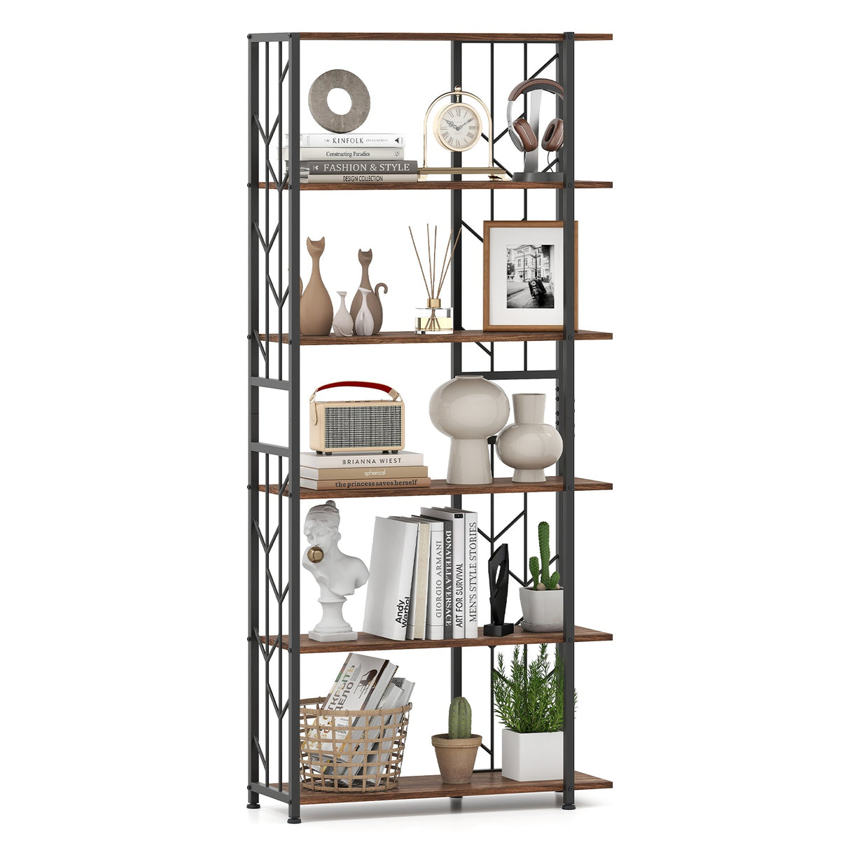 Estantería de 6 Niveles, Moderna Librería Geométrica con Estructura Metálica Reforzada y Kits Antivuelco