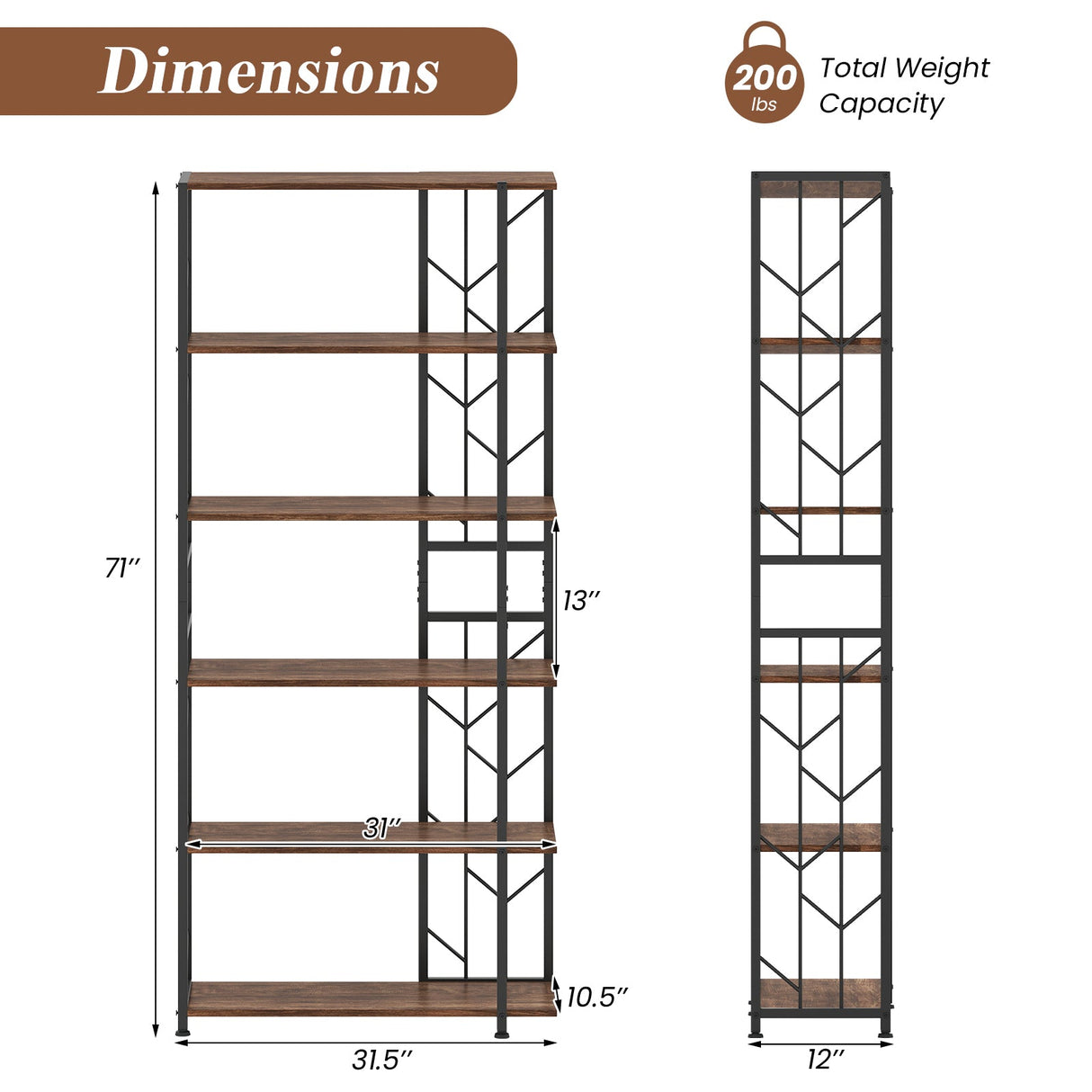 Estantería de 6 Niveles, Moderna Librería Geométrica con Estructura Metálica Reforzada y Kits Antivuelco