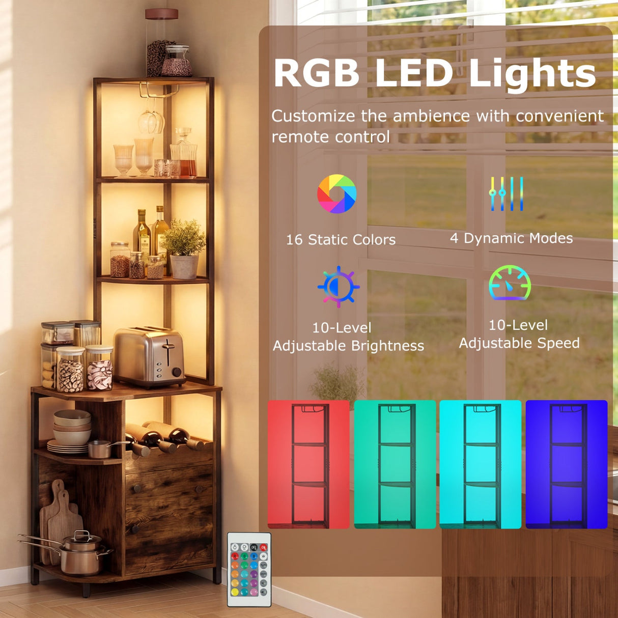 Armario de bar esquinero de 6 niveles con luces LED y estación de carga para cocina - Marrón rústico