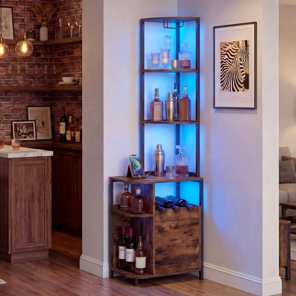 Armario de bar esquinero de 6 niveles con luces LED y estación de carga para cocina - Marrón rústico