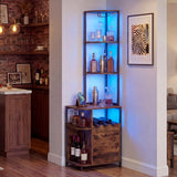 Armario de bar esquinero de 6 niveles con luces LED y estación de carga para cocina - Marrón rústico