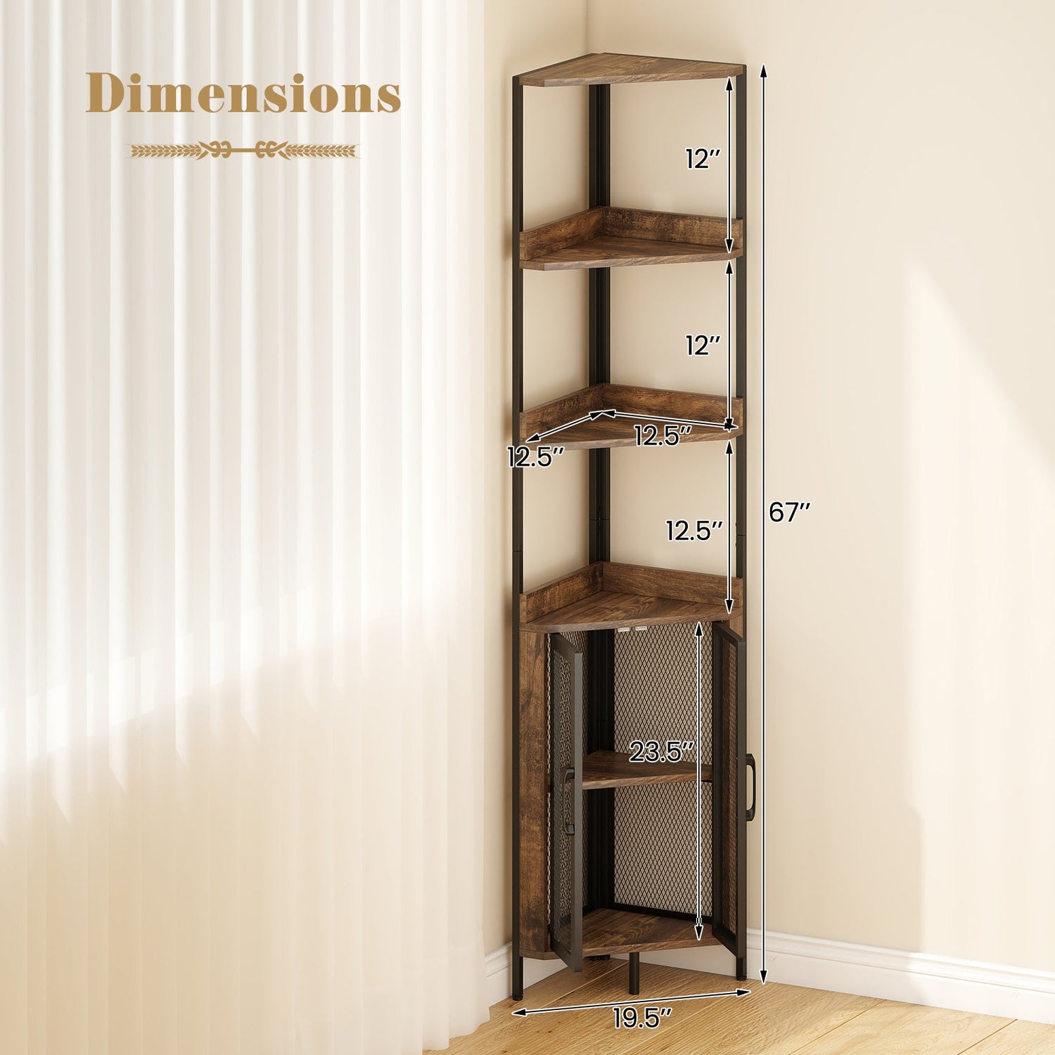 6-Tier Corner Shelf 67 Inches Tall Corner Bookshelf with Cabinet Industrial Bookcase