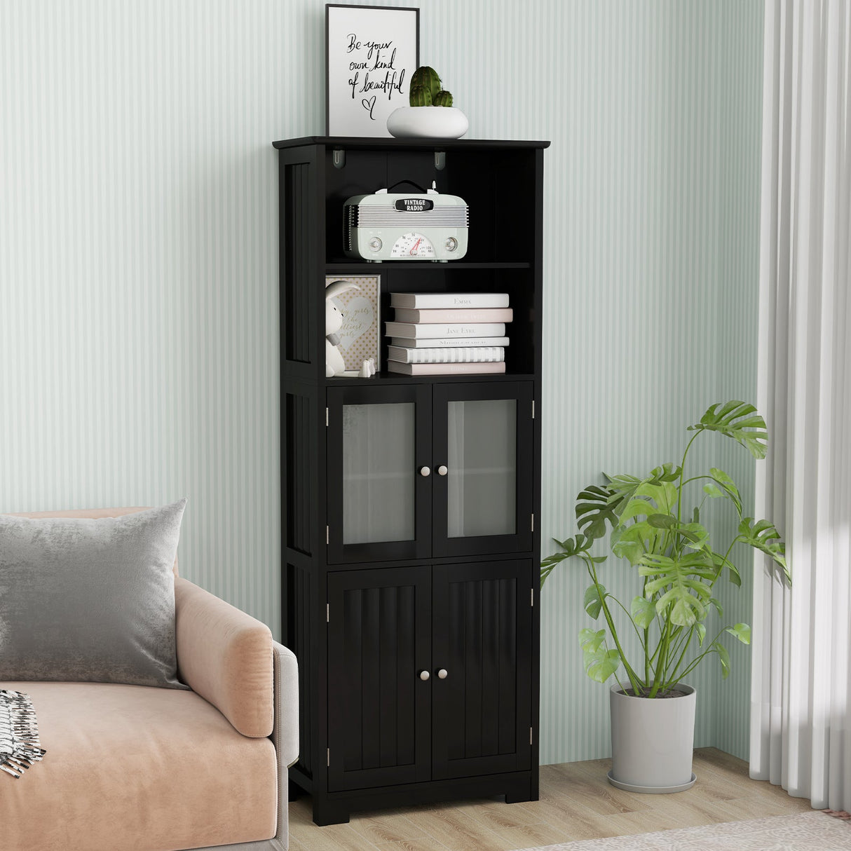 Mueble de baño independiente de 6 niveles con 2 compartimentos abiertos y estantes ajustables