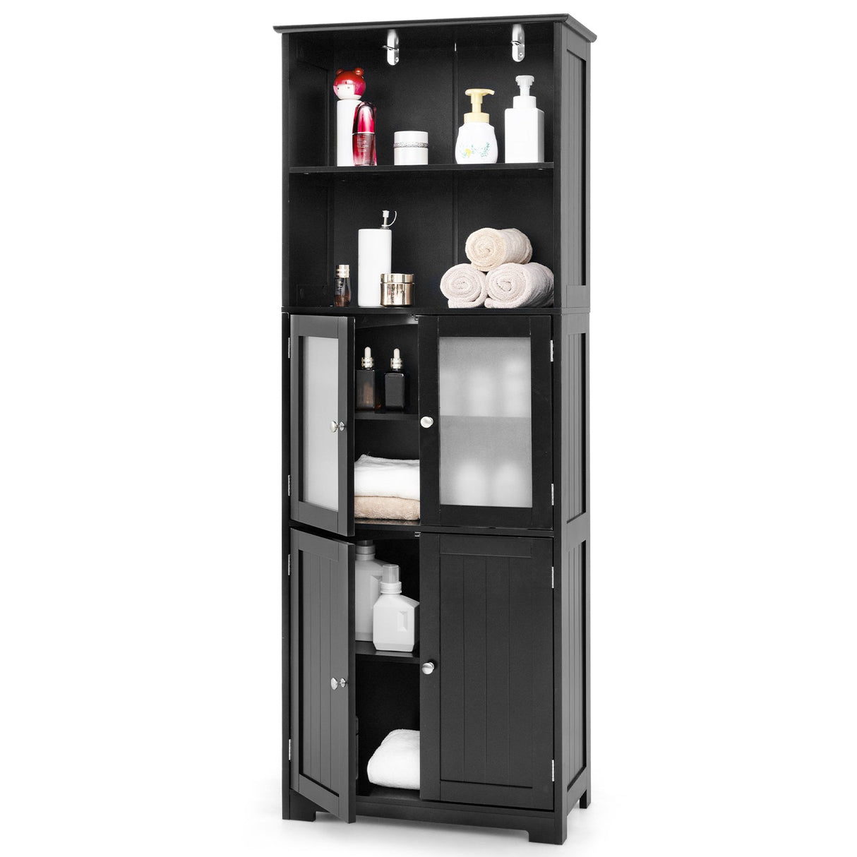 Mueble de baño independiente de 6 niveles con 2 compartimentos abiertos y estantes ajustables