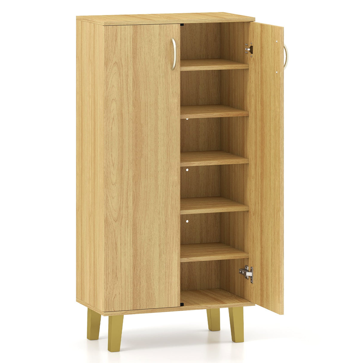 Zapatero moderno independiente de madera de 6 niveles con puertas y estantes extraíbles - Roble