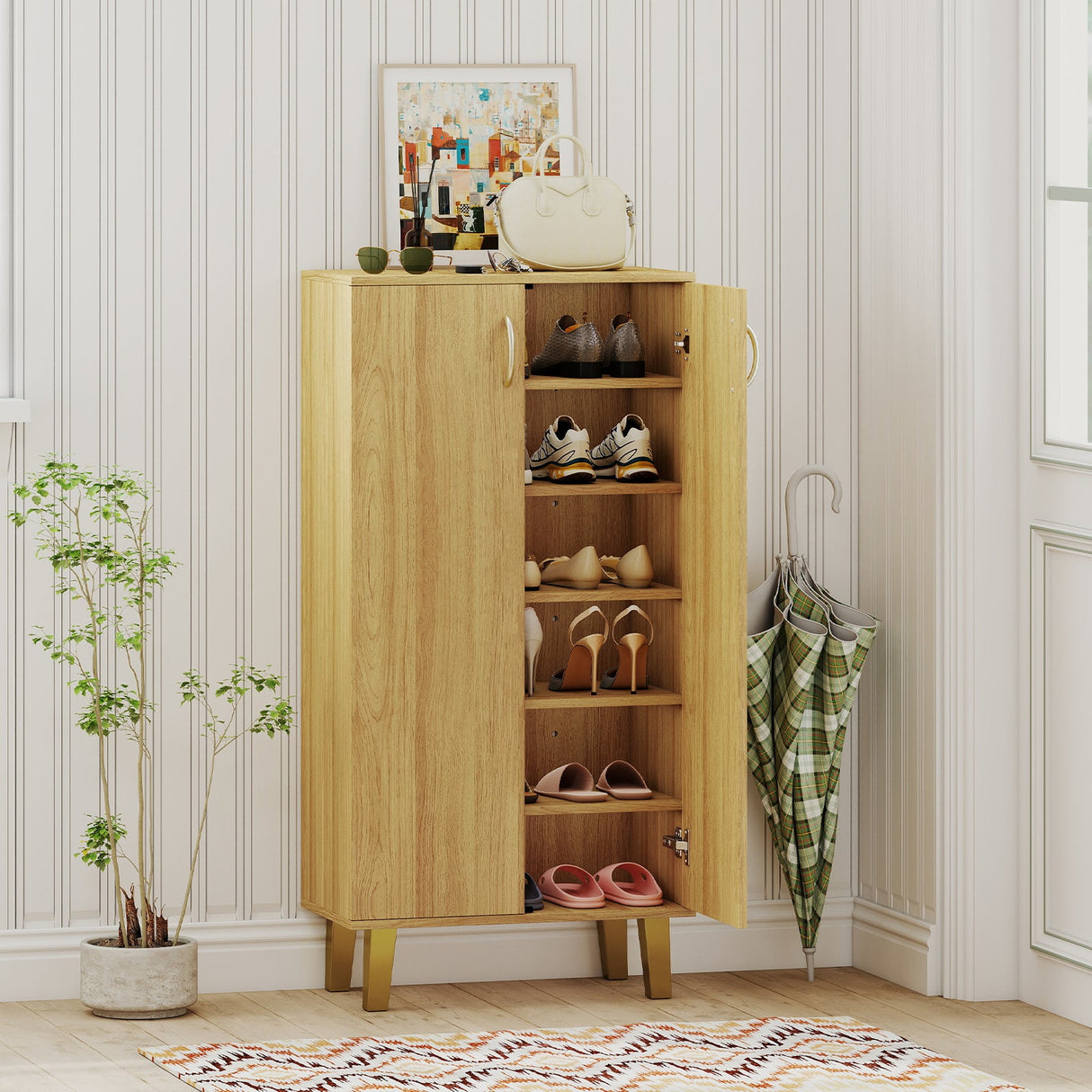 Zapatero moderno independiente de madera de 6 niveles con puertas y estantes extraíbles - Roble