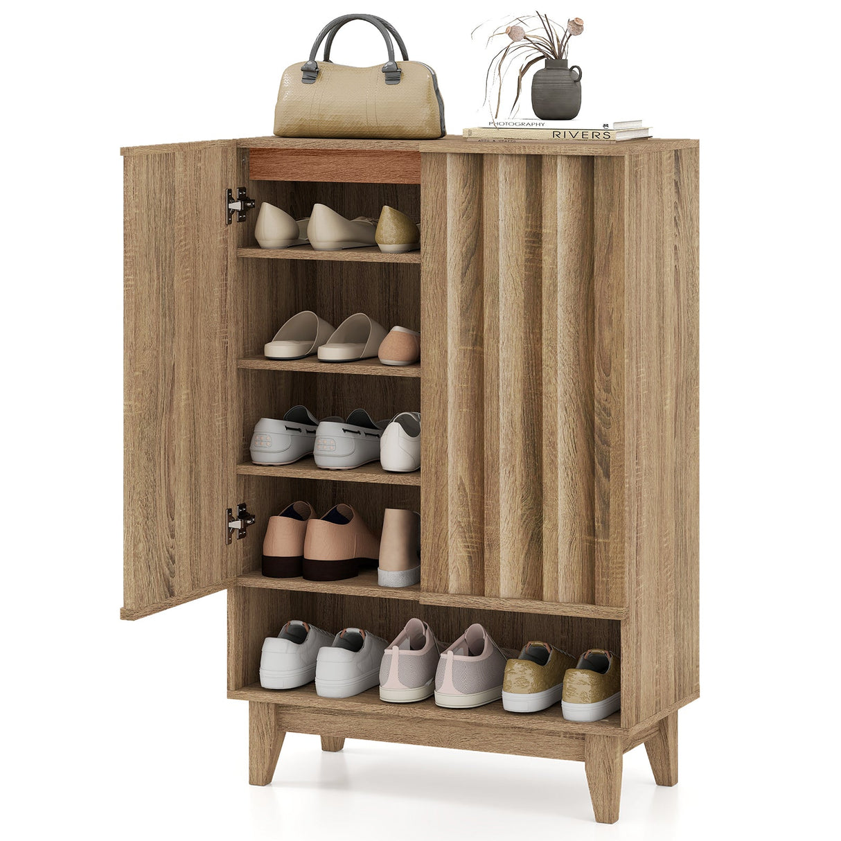 Organizador de Almacenamiento de Zapatos de 6 Niveles con 2 Puertas Estriadas - Roble