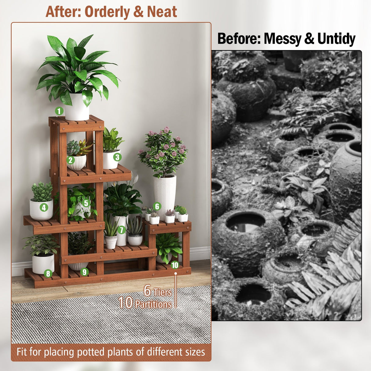 Soporte de madera de 6 niveles para plantas con estructura alta-baja