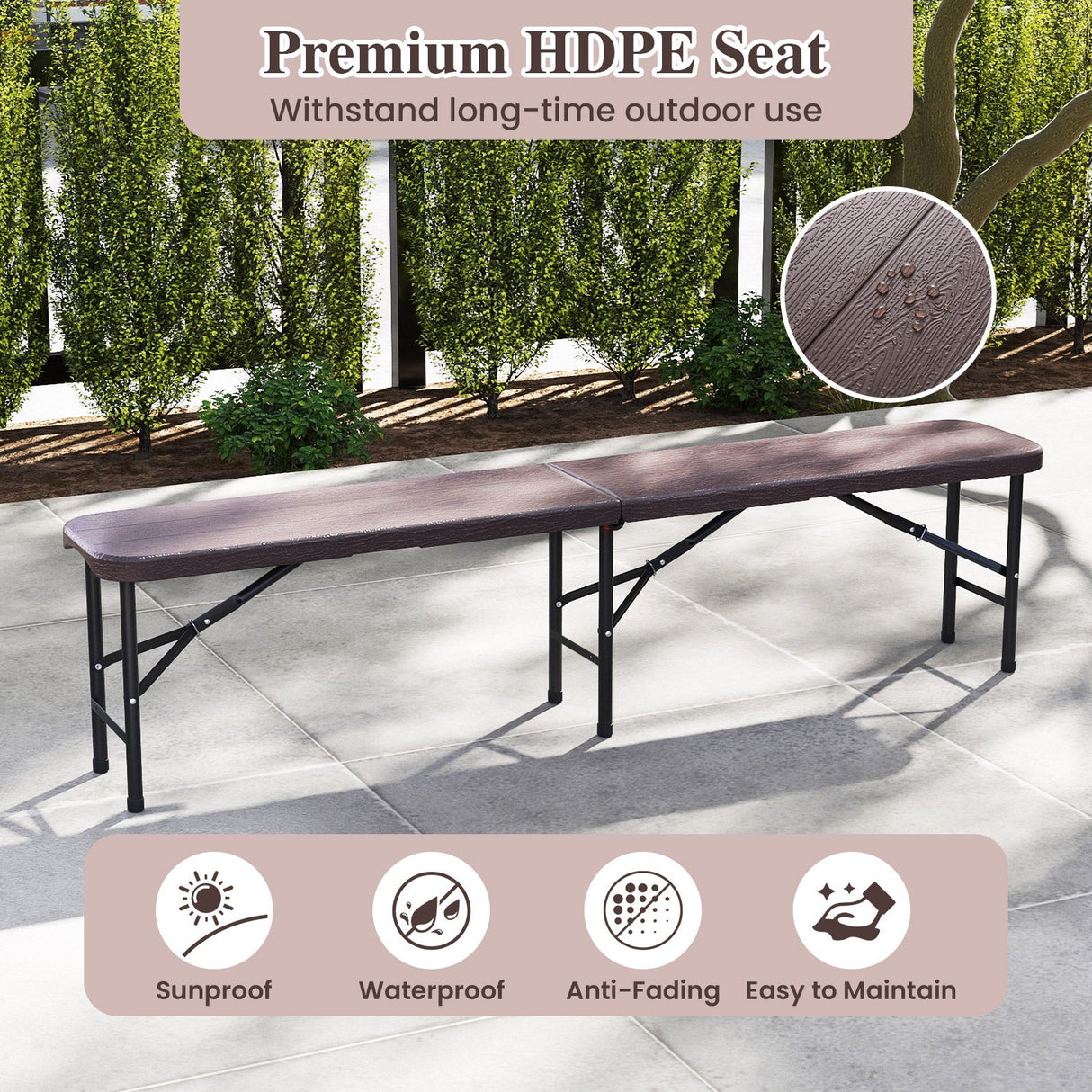 Banco Plegable de HDPE de 6 Pies con Capacidad de 1320 LBS y Bloqueo de Asa