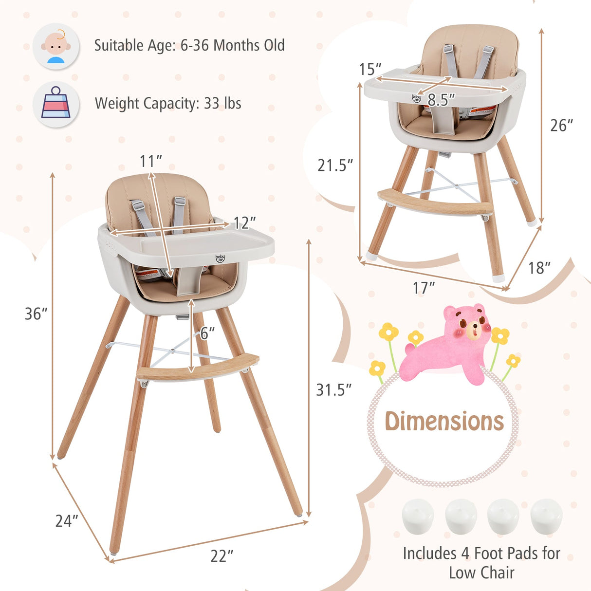Trona de madera convertible 6 en 1 con arnés de seguridad y patas ajustables - Marrón claro