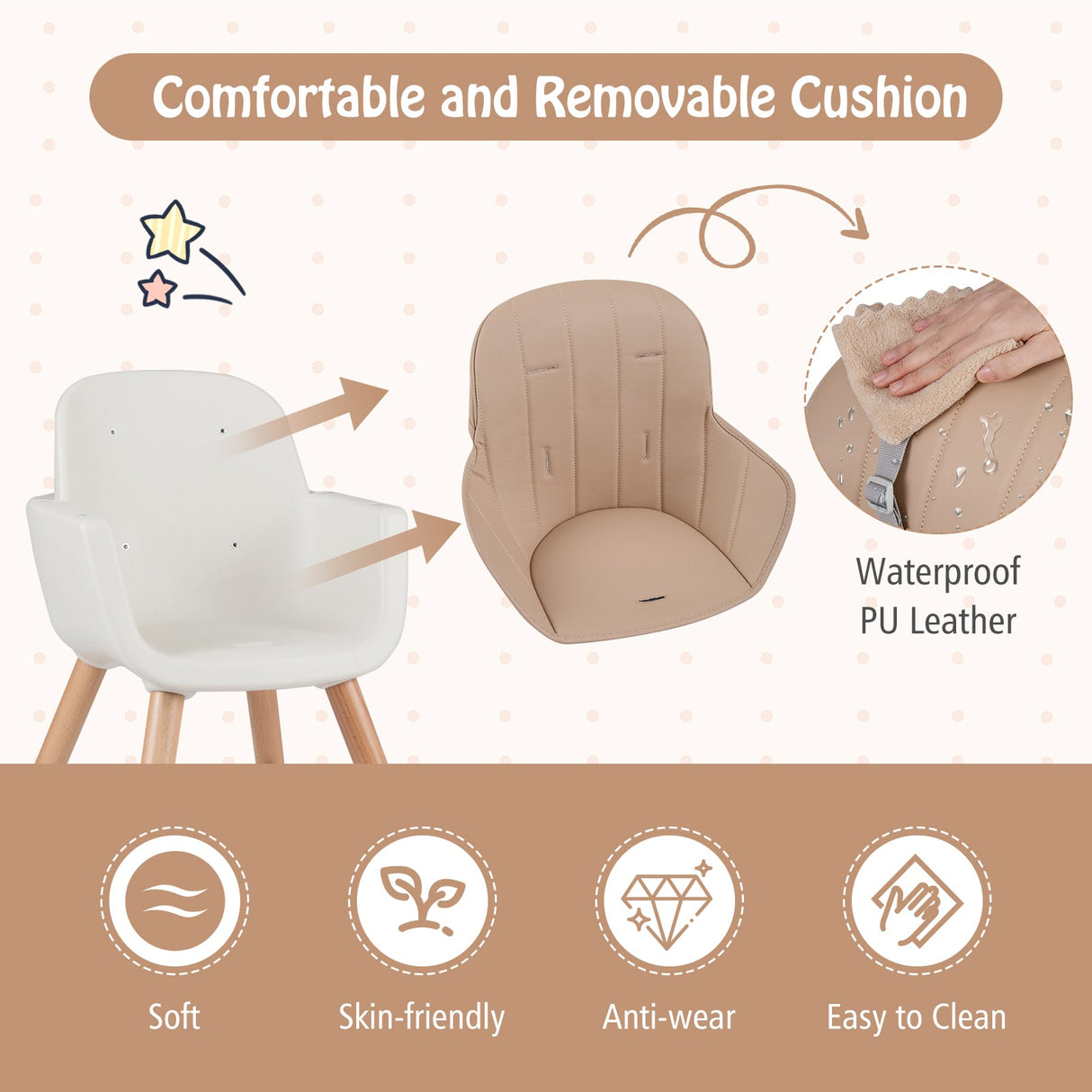 Trona de madera convertible 6 en 1 con arnés de seguridad y patas ajustables - Marrón claro