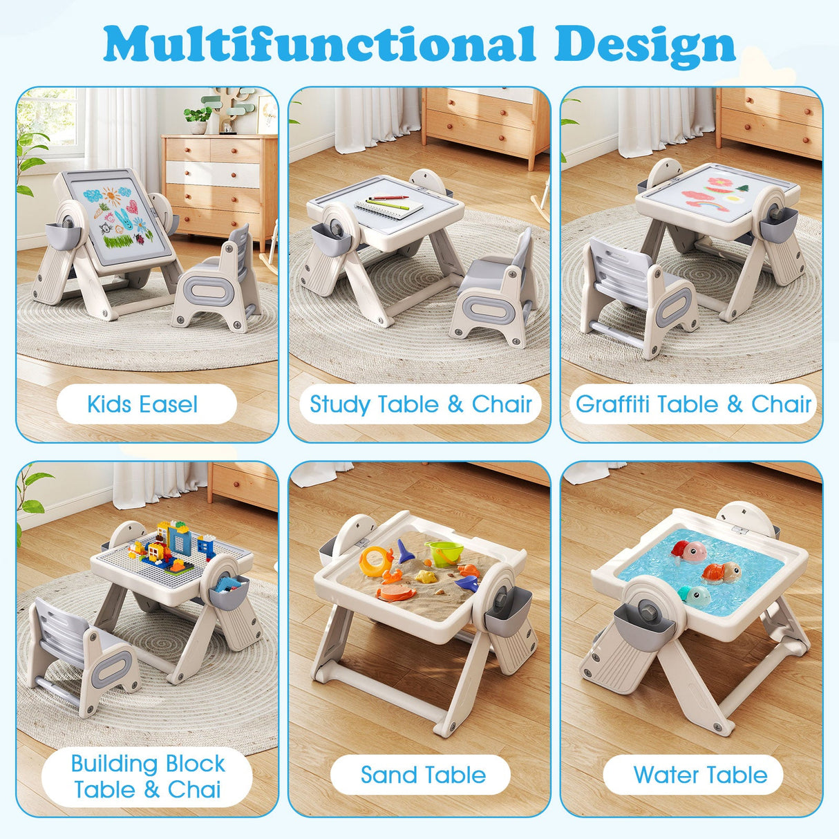 Mesa y silla infantil multiactividad 6 en 1 con caballete de arte plegable