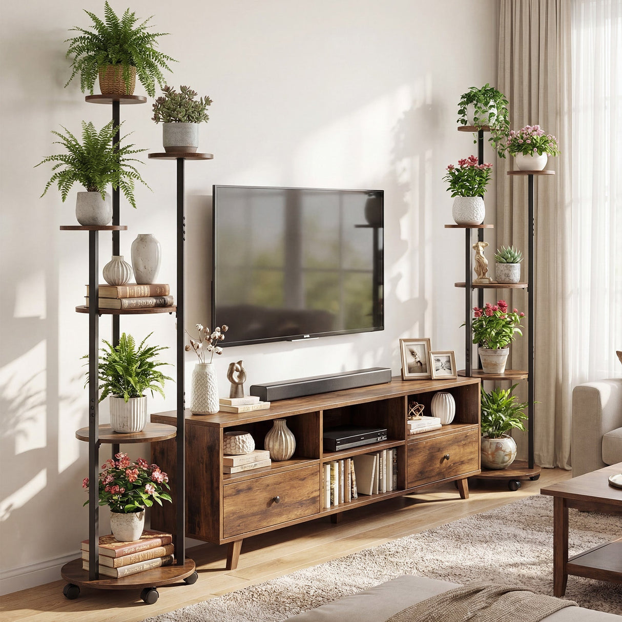 Estantería de 6 niveles para plantas con luz RGB y ruedas, 145 cm de altura, expositor interior para macetas