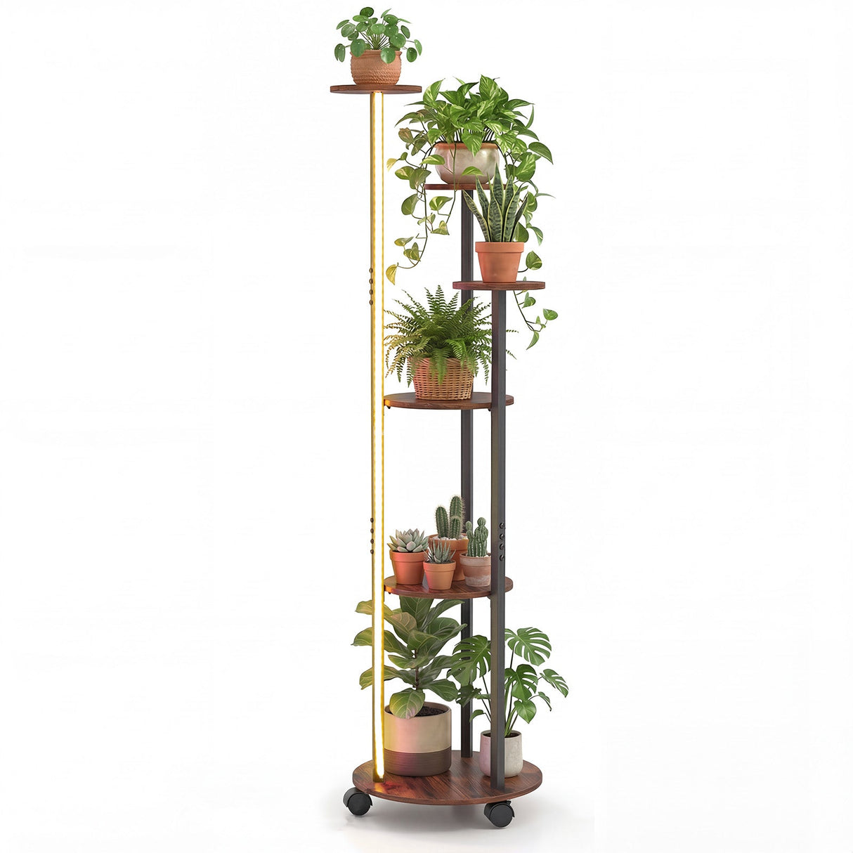 Estantería de 6 niveles para plantas con luz RGB y ruedas, 145 cm de altura, expositor interior para macetas