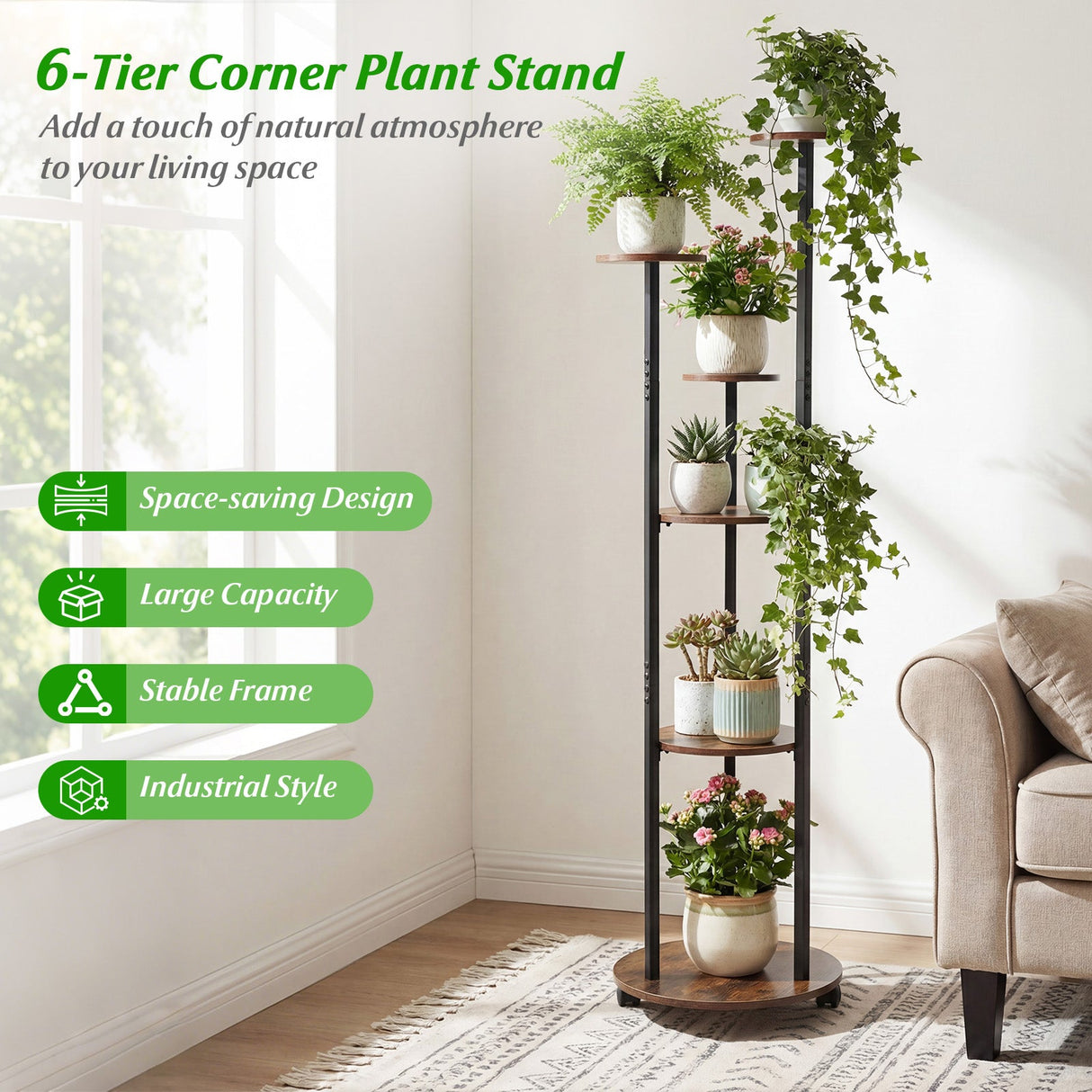 Estantería de 6 niveles para plantas con luz RGB y ruedas, 145 cm de altura, expositor interior para macetas
