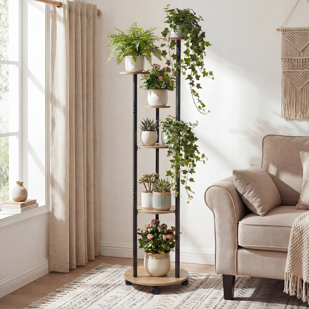 Estantería de 6 niveles para plantas con luz RGB y ruedas, 145 cm de altura, expositor interior para macetas