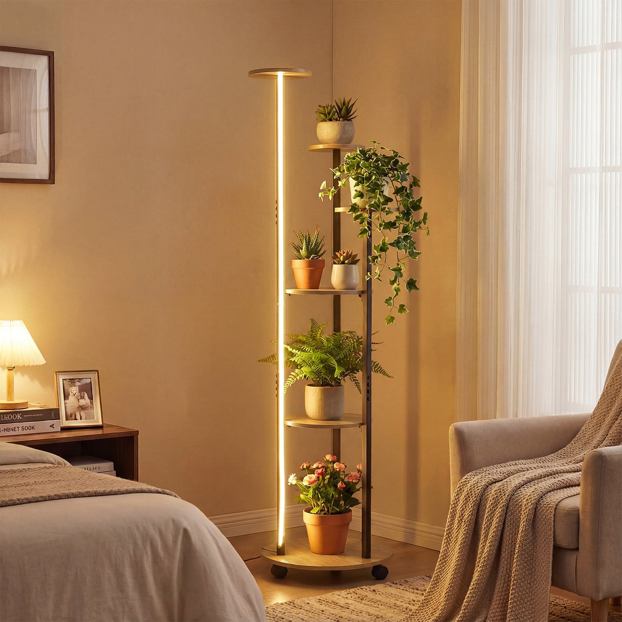 Estantería de 6 niveles para plantas con luz RGB y ruedas, 145 cm de altura, expositor interior para macetas