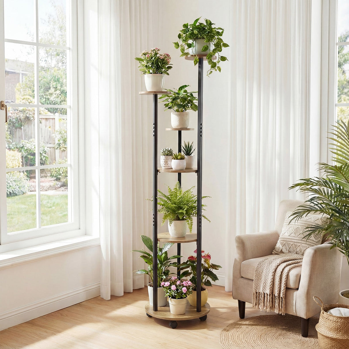 Estantería de 6 niveles para plantas con luz RGB y ruedas, 145 cm de altura, expositor interior para macetas