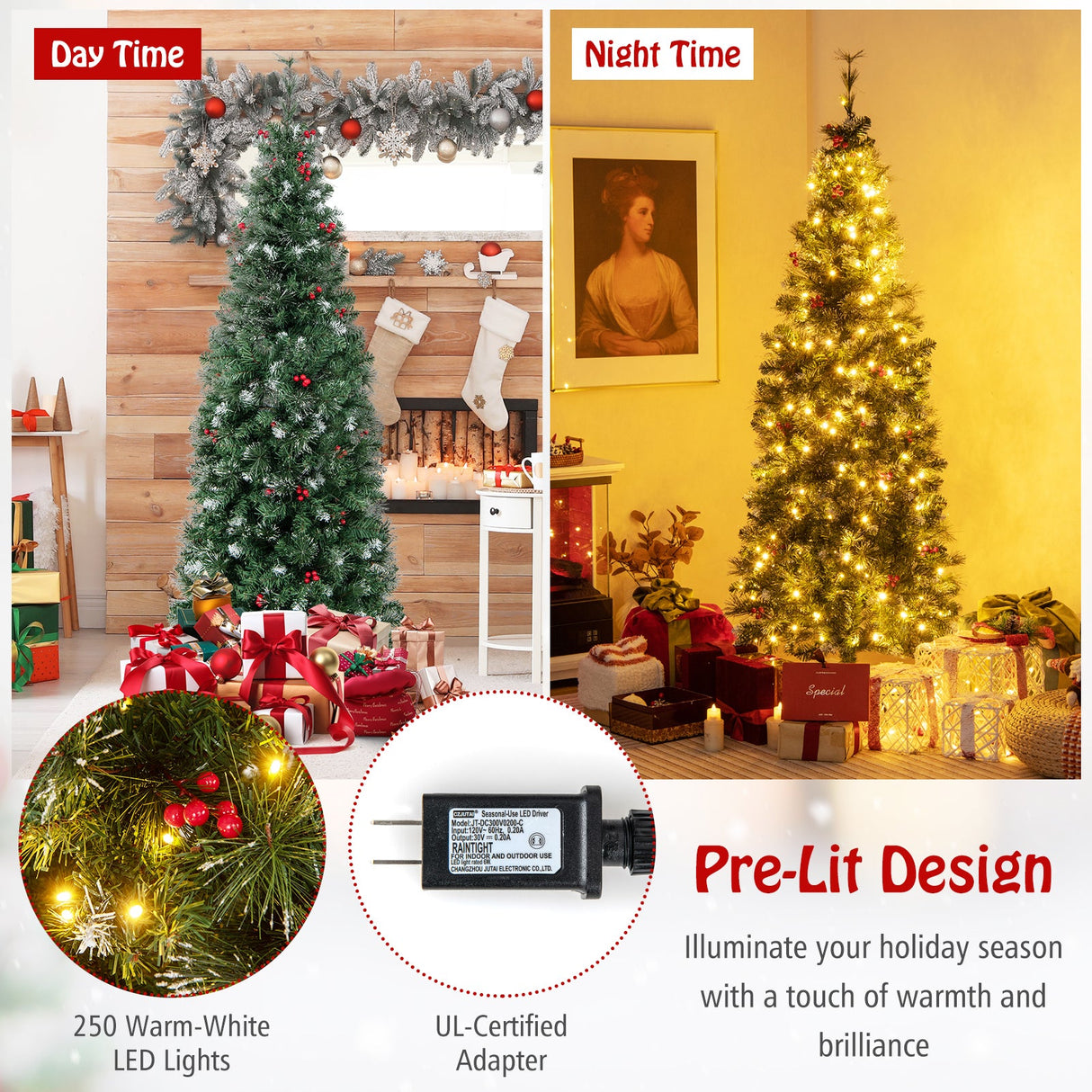 Árbol de Navidad Preiluminado Artificial Estrecho y Articulado de 5/6/7/8/9 Pies