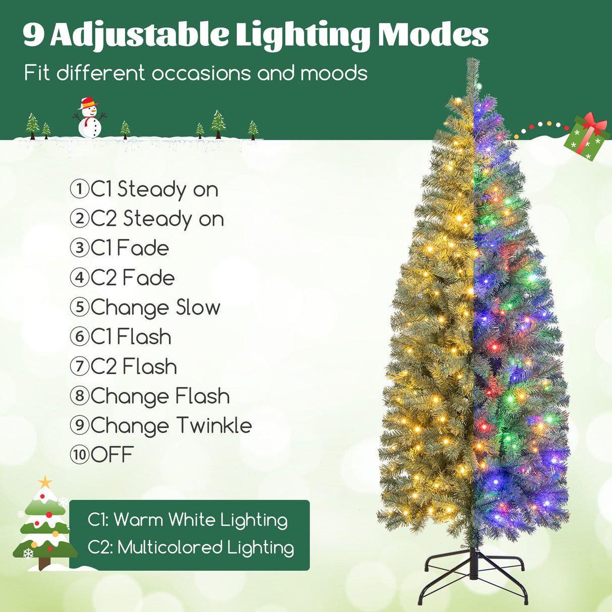 Árbol de Navidad artificial azul preiluminado delgado con 9 modos de iluminación