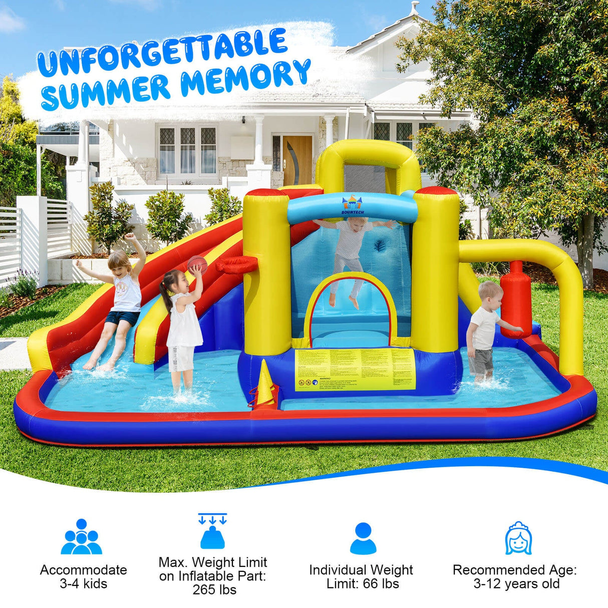 Tobogán acuático inflable 7 en 1 con soplador de aire de 735 W y piscina de salpicaduras