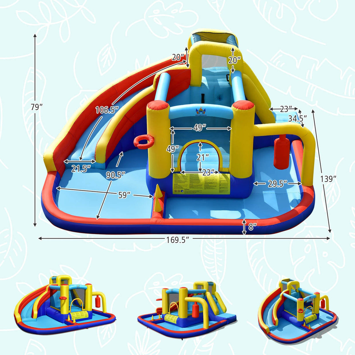 Tobogán acuático inflable 7 en 1 con soplador de aire de 735 W y piscina de salpicaduras