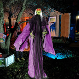 Bruja de Halloween de 2.19 m con ojos iluminados y movimiento automático de brazos