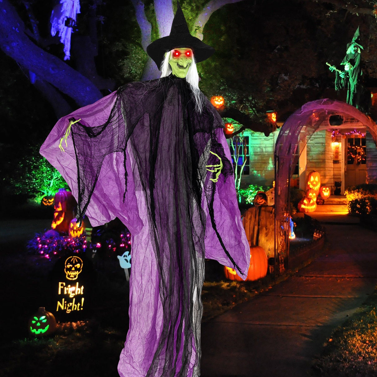 Bruja de Halloween de 2.19 m con ojos iluminados y movimiento automático de brazos
