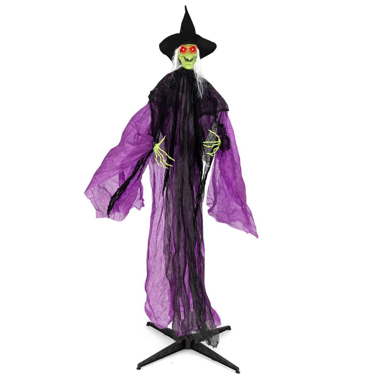 Bruja de Halloween de 2.19 m con ojos iluminados y movimiento automático de brazos