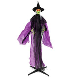 Bruja de Halloween de 2.19 m con ojos iluminados y movimiento automático de brazos