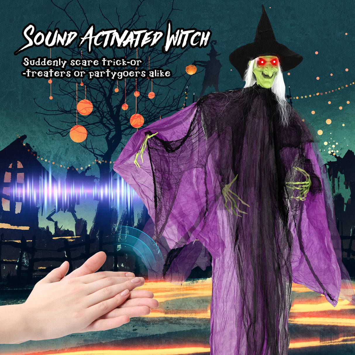 Bruja de Halloween de 2.19 m con ojos iluminados y movimiento automático de brazos
