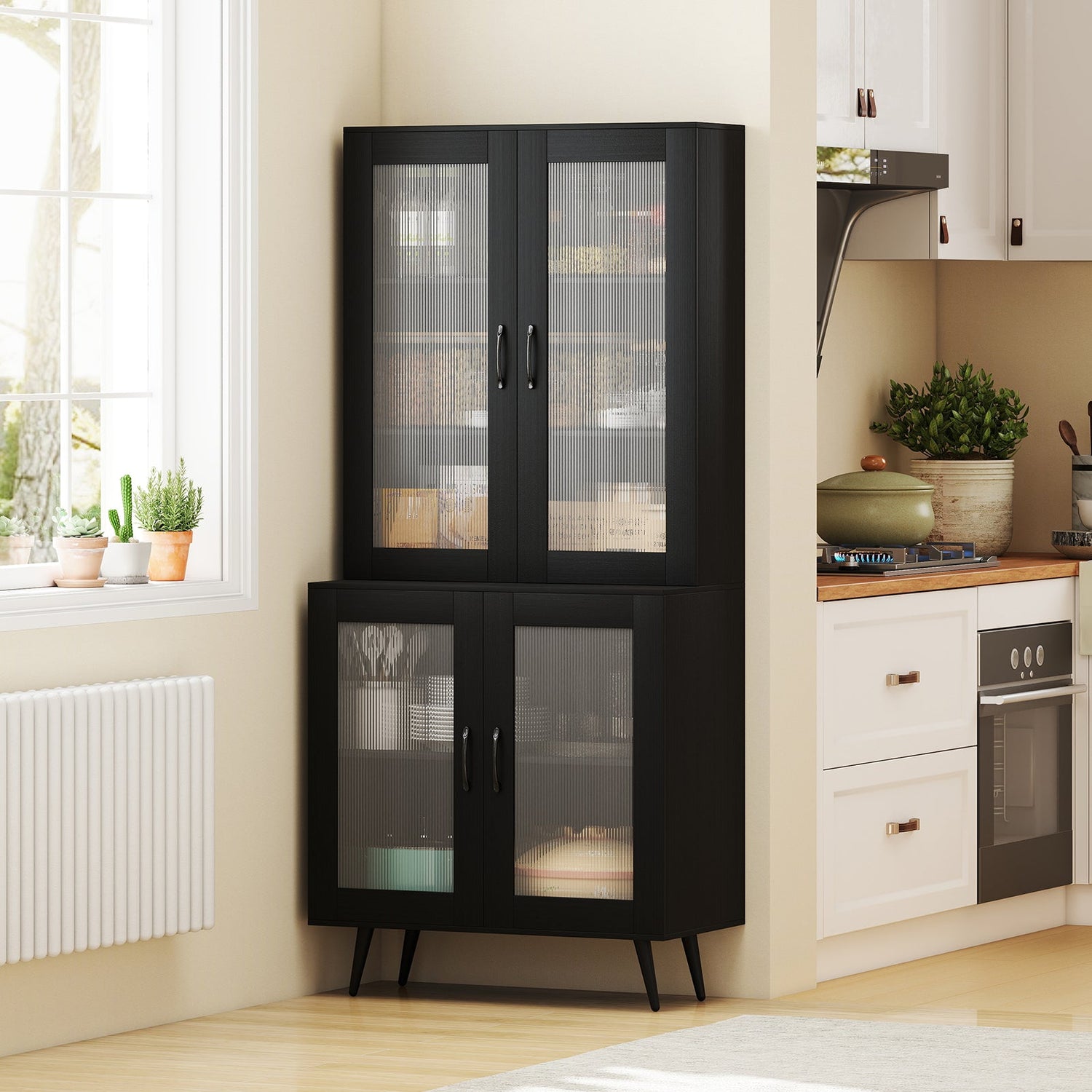 Alacena de cocina alta de 70.5 pulgadas con 4 puertas transparentes